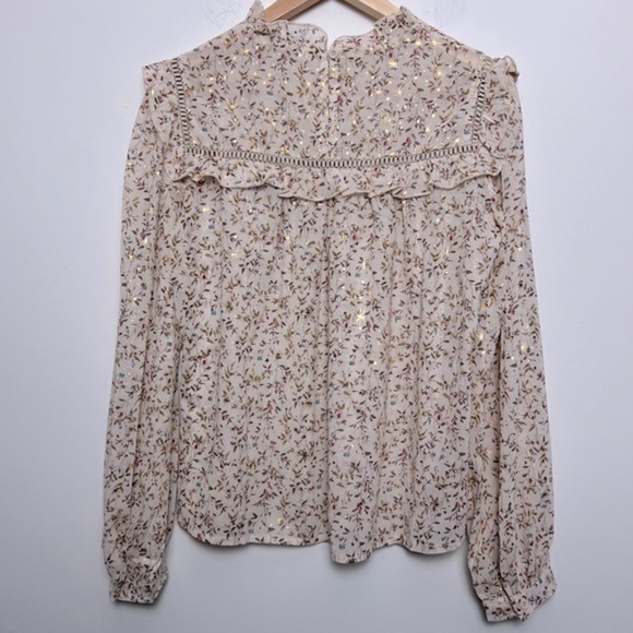 Iriserly Floral Gold Stars Ruffle Prairie Lightweight Romantic Feminine Blouse S - Picture 12 of 16